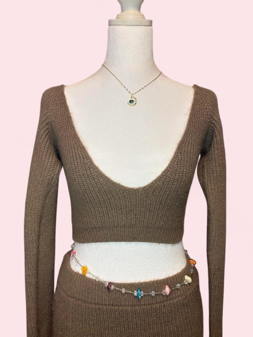 Brown Deep V-Neck Knit Crop Top and Skirt Set- Women